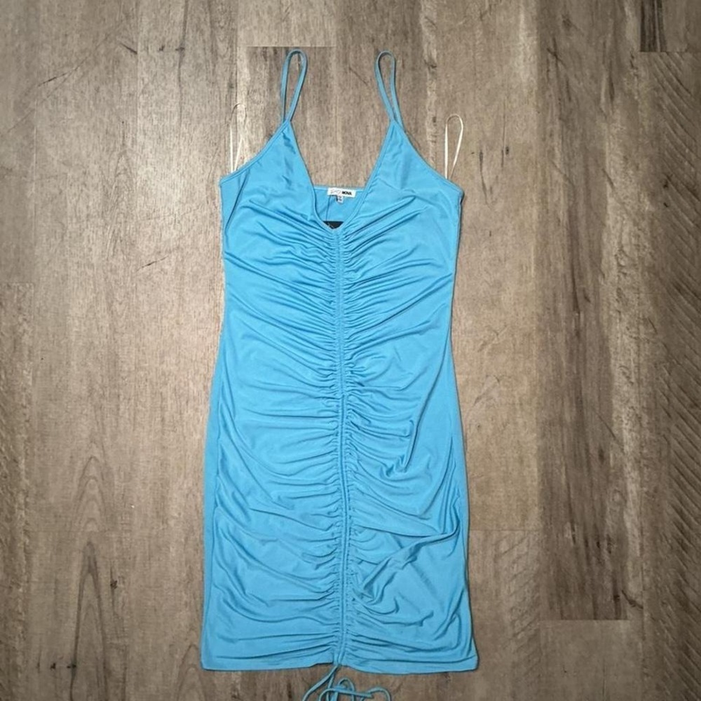 Fashion Nova Ruched Bodycon Mini Dress Size L Teal Blue Sleeveless NWT Going Out